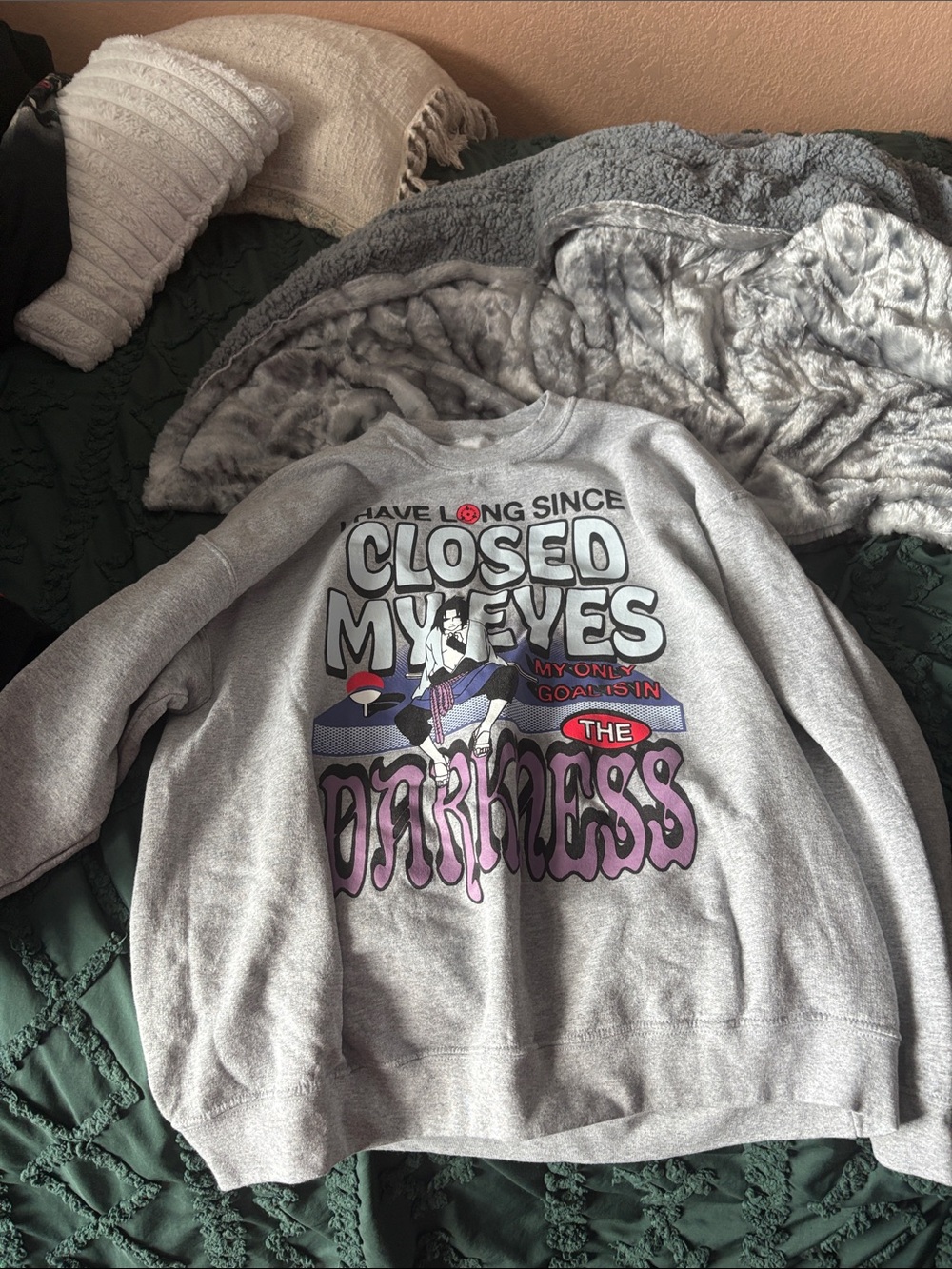 Naruto Grey Graphic Crewneck Sweatshirt - Closed My Eyes Darkness